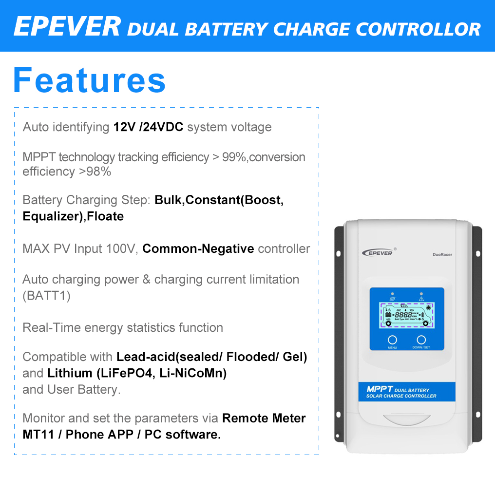 EPEVER DuoRacer 10A 20A 30A MPPT 双电池太阳能房车轮船控制器 PowMr