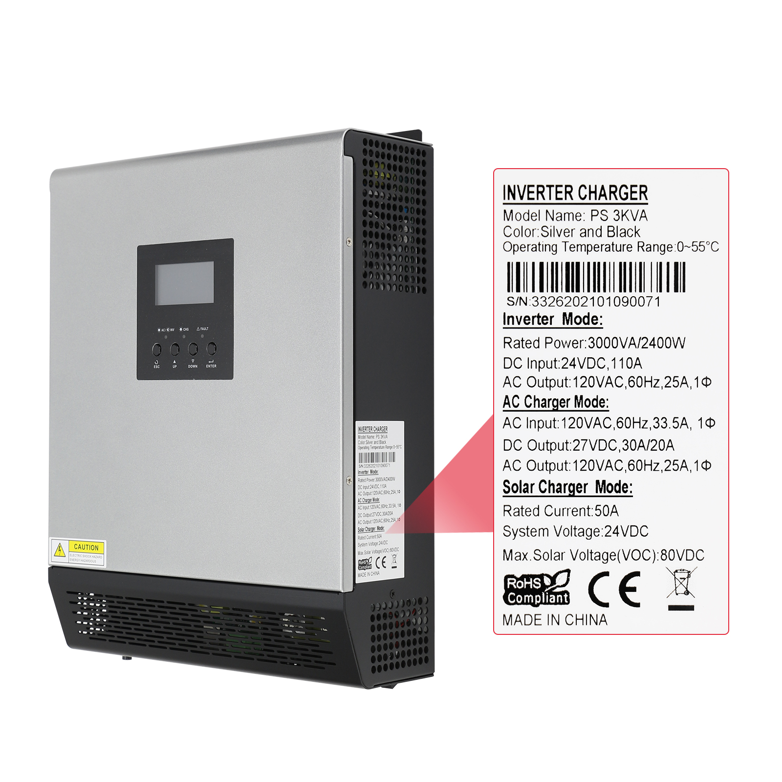 PowMr 3KVA 24V 110V纯正弦波内置50A PWM 混合太阳能逆变器